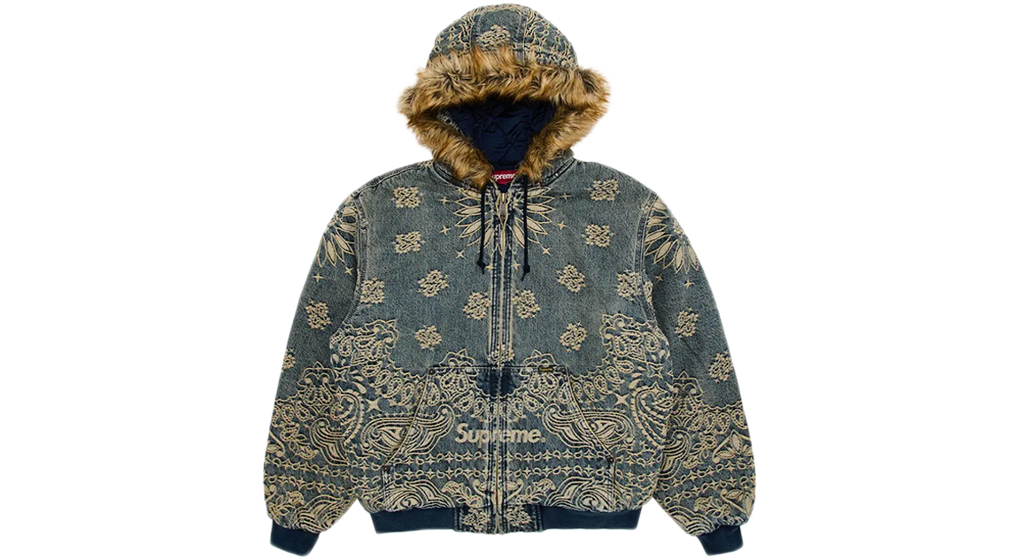 Supreme Bandana Jacquard Denim Hooded Work Jacket Blue – Takeoff
